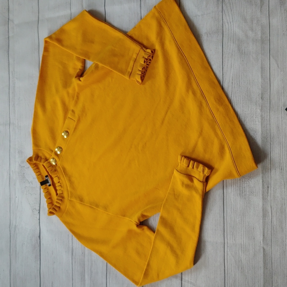 TALBOTS RUFFLE TROM RAGLAM SWEATSHIRT MUSTARD GOLD - Picture 2 of 8